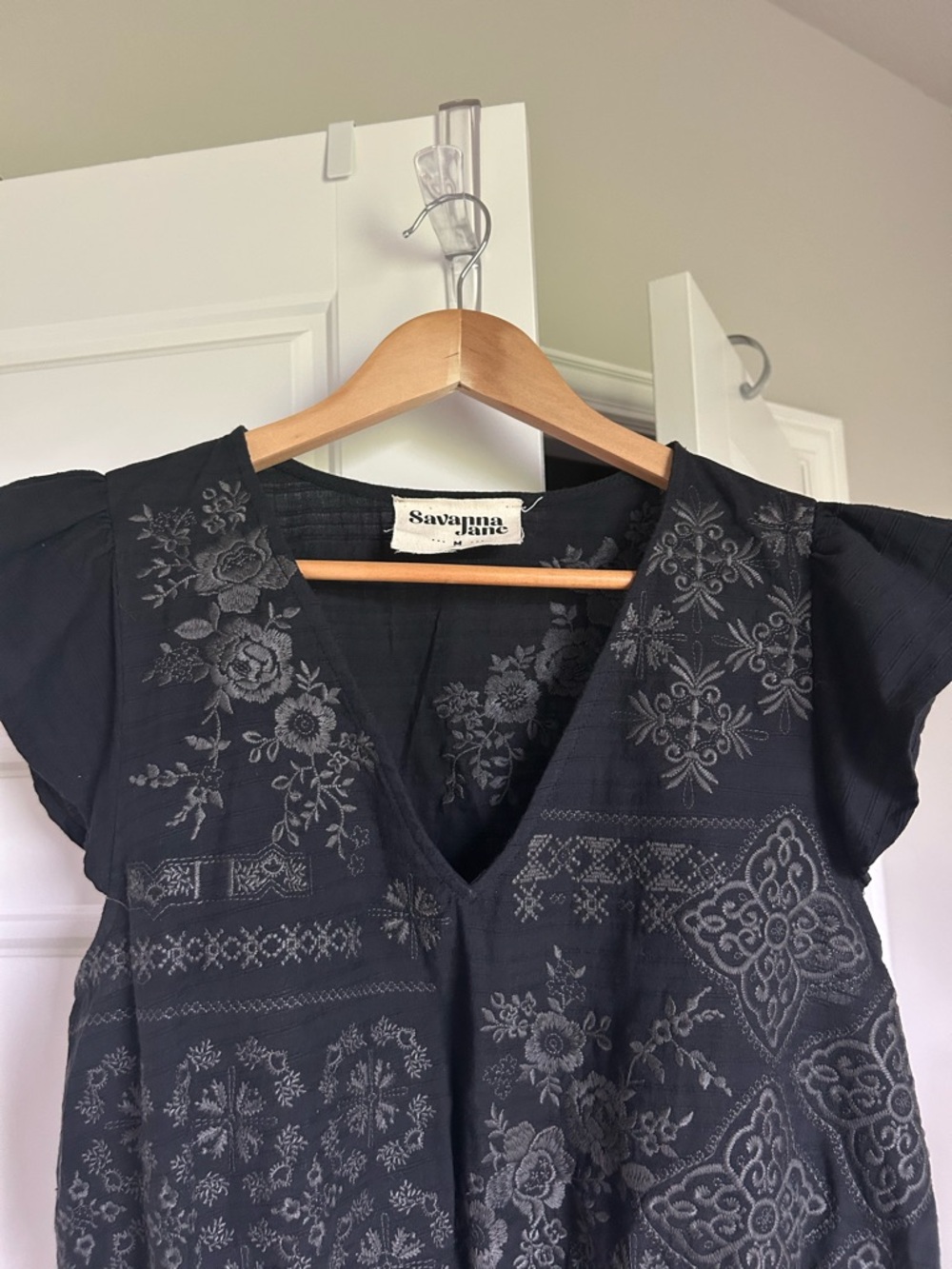 Savanna Jane Cotton Embroidered Peplum Blouse Black Gray Drawstring V Neck - Picture 5 of 10